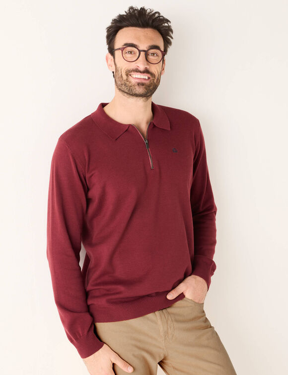 Pull fin col polo zippé broderie poitrine (bordeaux) Pull fin col polo zippé broderie poitrine (bordeaux)